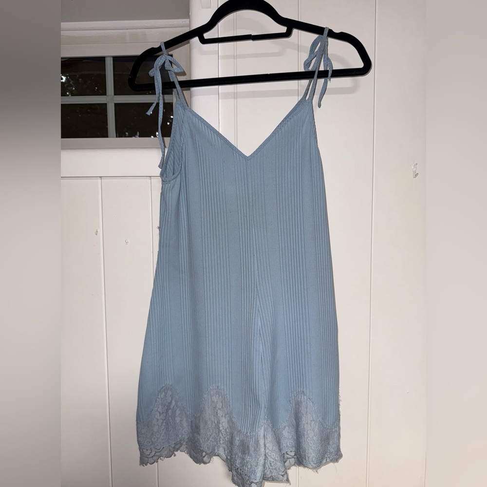 Light Blue Lace Trim Short Jumpsuit - Picture 10 of 10